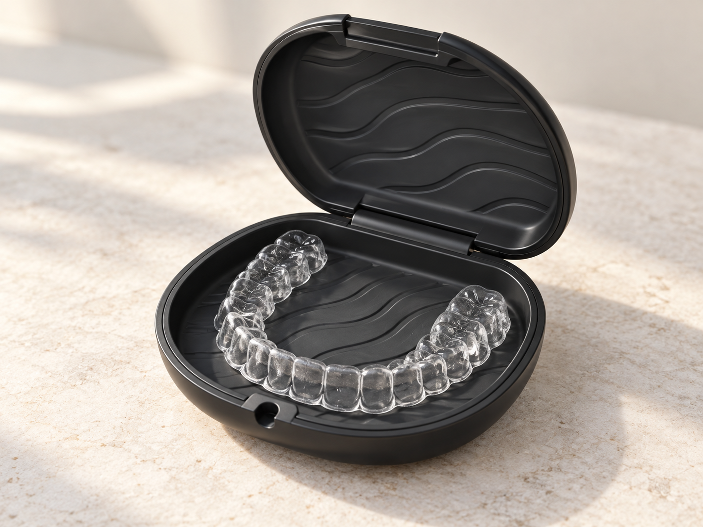 Concept rendering of a clear retainer inside a prospective black retainer case