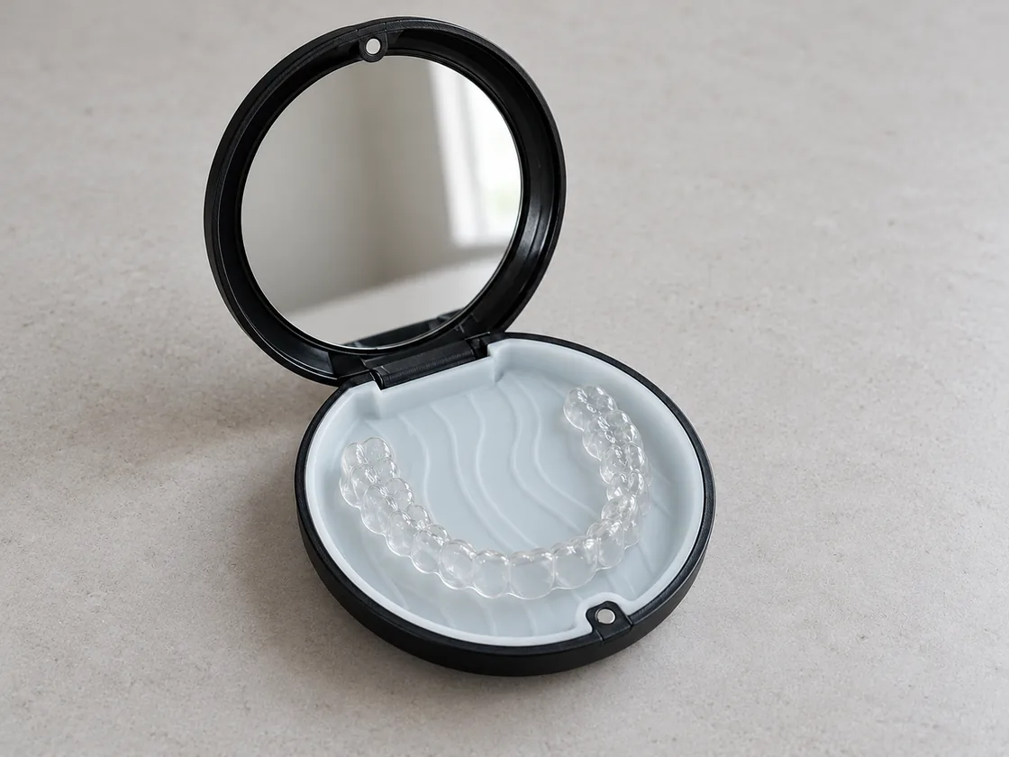 Concept rendering of a clear retainer in a round black mirrored case with a pale liner